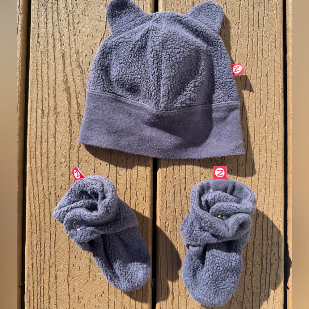 ZUTANO 3 PIECE INFANT HAT & BOOTIES FLEECE SET NAVY DENIM BLUE